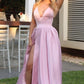 A Line V Neck Pink Satin Long Prom Dress with Slit, V Neck Pink Formal Dress, Pink Evening Dress,DS0510