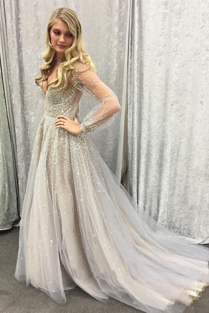 Newly A Line Gray Tulle Long Sleeves See Through Sweetheart Beaded Prom Dress,DS0509