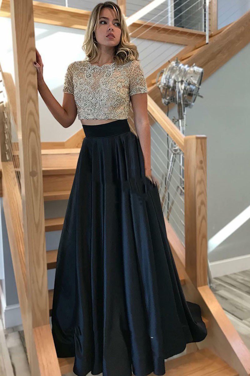 2022 Elegant A Line Satin Black Short Sleeves Beaded Two Pieces Prom Dress,DS0503