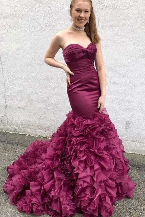 Amazing Mermaid Sweetheart Ruffles Organza Long Train Grape Prom Dresses,DS0488