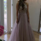 Sweet Dusty-Rose A-Line/Princess Sleeveless Applique Beading Tulle Prom Dresses,DS0369