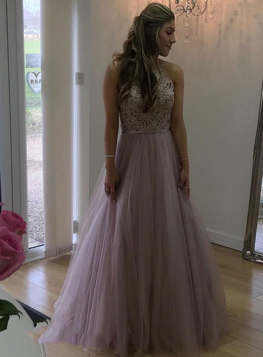 001 Sweet Dusty-Rose A-Line/Princess Sleeveless Applique Beading Tulle Prom Dresses,DS0369