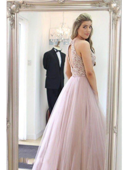 001 Sweet Dusty-Rose A-Line/Princess Sleeveless Applique Beading Tulle Prom Dresses,DS0369