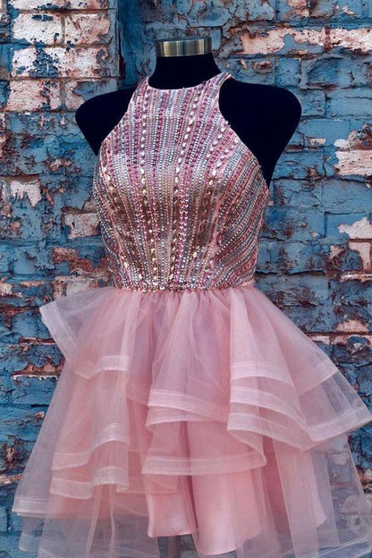 beaded halter pink short homecoming dress party dress,DS0362
