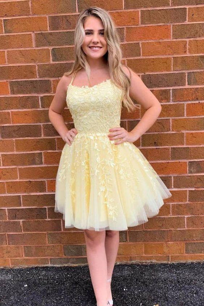 short yellow A-line lace appliqued homecoming dress birthday party dress with straps,DS0357