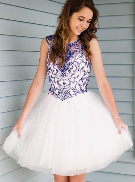 White Homecoming Dress with Royal Beading, Short Prom Dress ,Winter Formal Dress, Pageant Dance Dresses, Back To School Party Gown,DS0350