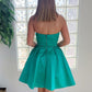 Strapless Open Back Green Short Prom Dresses with Pocket, Open Back Green Homecoming Dresses, Short Green Formal Evening Dresses,DS0344