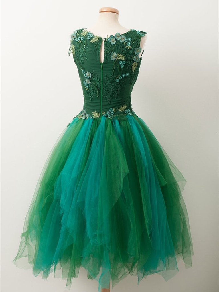 Unique Beaded Floral Short Green Lace Prom Dresses, Fluffy Green Lace Formal Graduation Homecoming Dresses,DS0341