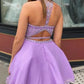 Round Neck Two Pieces Beaded Purple Short Prom Dresses Homecoming Dresses, Two Pieces Beaded Purple Formal Graduation Evening Dresses,DS0445