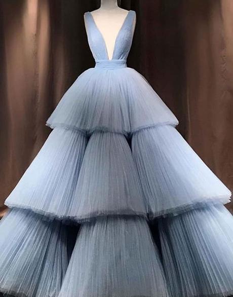 Blue v neck tulle long prom dress, blue tulle evening dress,DS0442