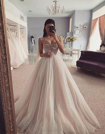 Light champagne tulle long prom dress, tulle evening dress,DS0440