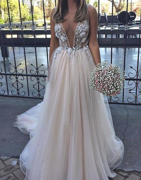 Light v neck tulle champagne long prom dress, champagne evening dress wedding dress,DS0436