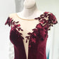 Burgundy round neck velvet long prom dress, evening dress,DS0434