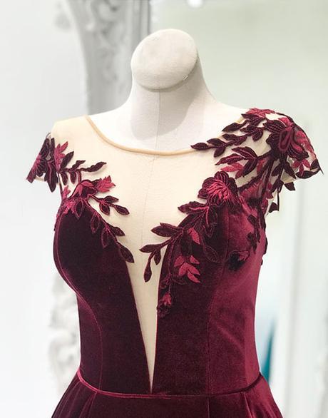 Burgundy round neck velvet long prom dress, evening dress,DS0434