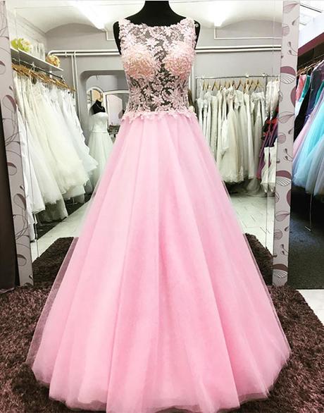 Pink lace tulle long prom dress, pink evening dress,DS0433