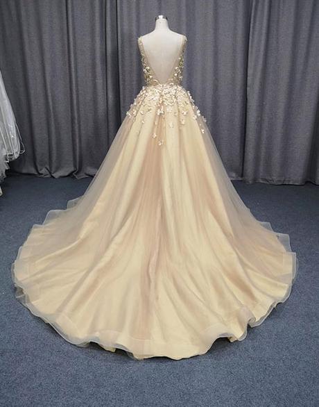 Champagne v neck 3D flowers long prom dress, evening dress,DS0431