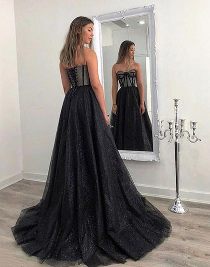 Black sweetheart neck tulle long prom dress, black evening dress,DS0430