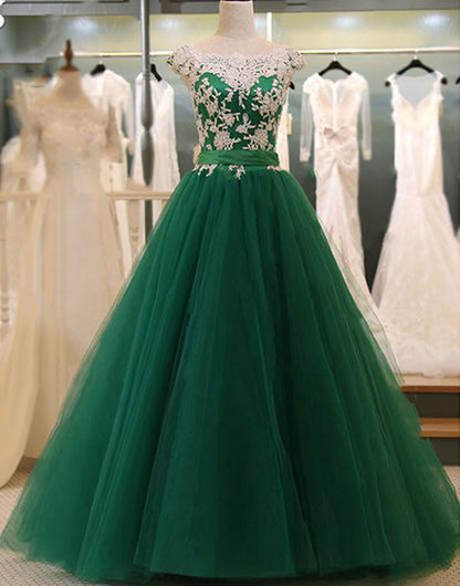 Green and white lace tulle long prom dress, evening dress,DS0428