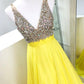Yellow v neck chiffon beaded long prom dress, yellow evening dress,DS0424