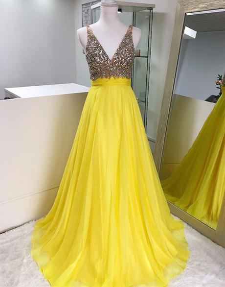 Yellow v neck chiffon beaded long prom dress, yellow evening dress,DS0424