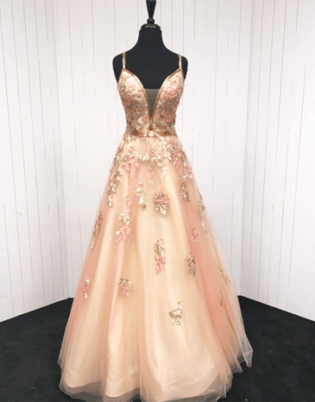 Champagne v neck tulle lace long prom dress, evening dress,DS0422