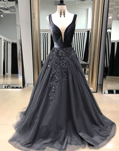 Champagne v neck tulle lace long prom dress, evening dress,DS0421