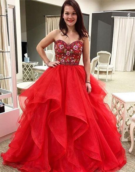 Red tulle sweetheart neck long prom dress, red evening dress,DS0420