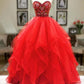 Red tulle sweetheart neck long prom dress, red evening dress,DS0420