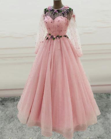 Long Sleeves Prom Dresses Princess Tulle Beaded,DS0419