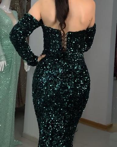 Sparkly Sequins Prom Dresses Mermaid Long Sleeves Off Shoulder,DS0407