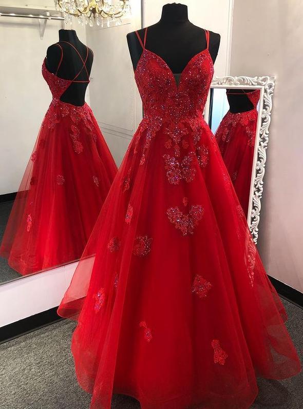 Red Long Prom Dress with Appliques and Beading ,Evening Dress,Pageant Dance Dresses,Graduation School Party Gown,DS0399