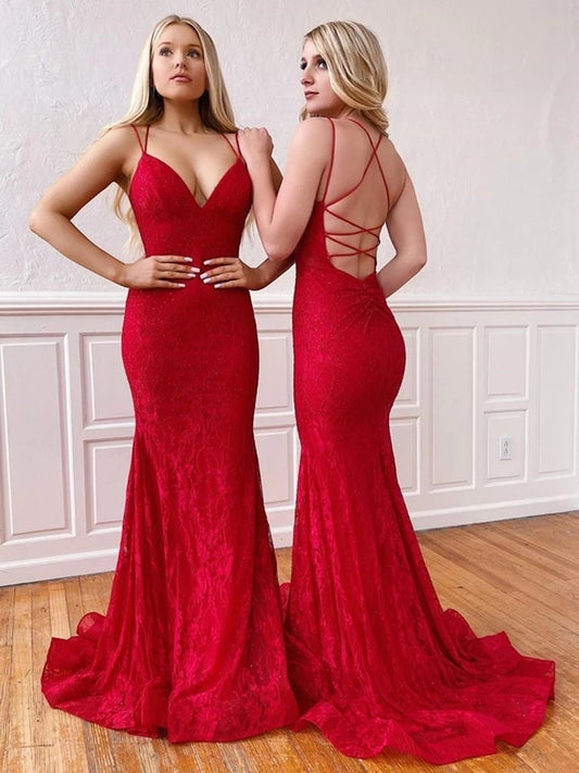 V Neck Mermaid Red Lace Long Prom Dresses, Mermaid Lace Red Formal Dresses, Red Lace Evening Dresses,DS0387