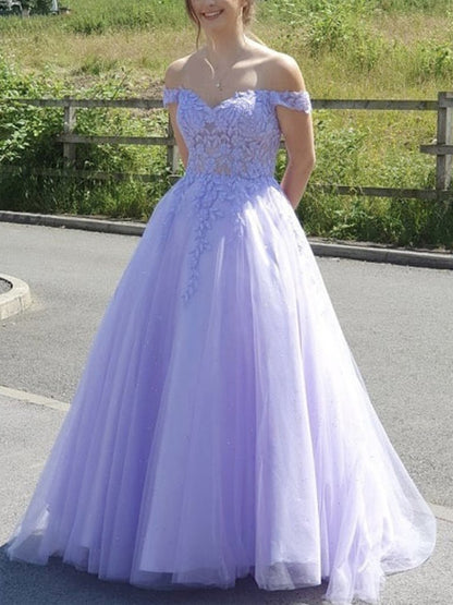 Off Shoulder Purple Lace Long Prom Dresses, Purple Lace Formal Dresses, Long Purple Evening Dresses，DS0386