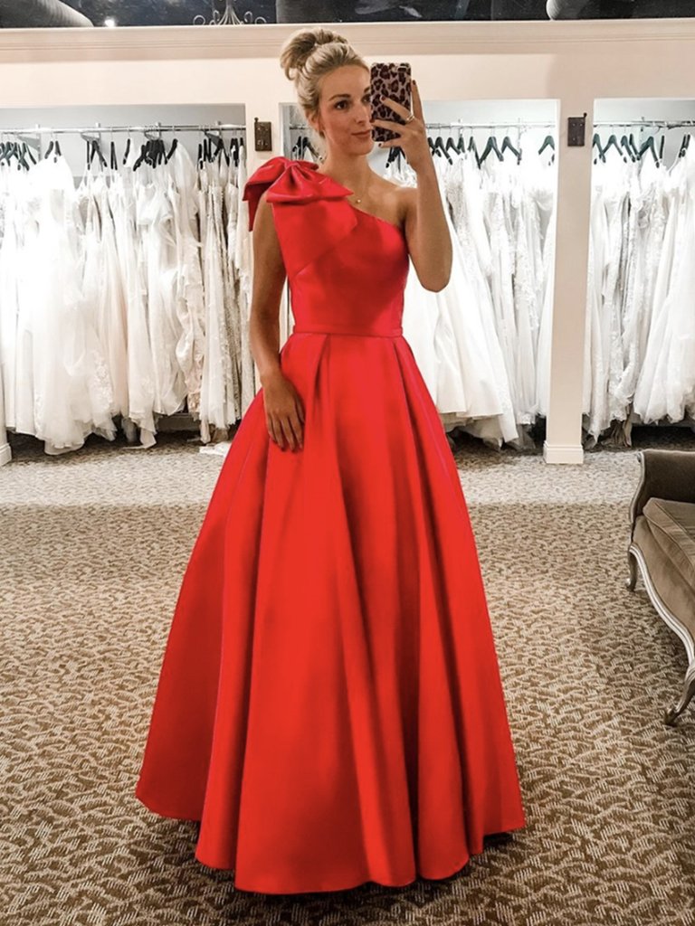 One Shoulder Floor Length Red Satin Long Prom Dresses, One Shoulder Red Formal Dresses, Red Evening Dresses,DS0385