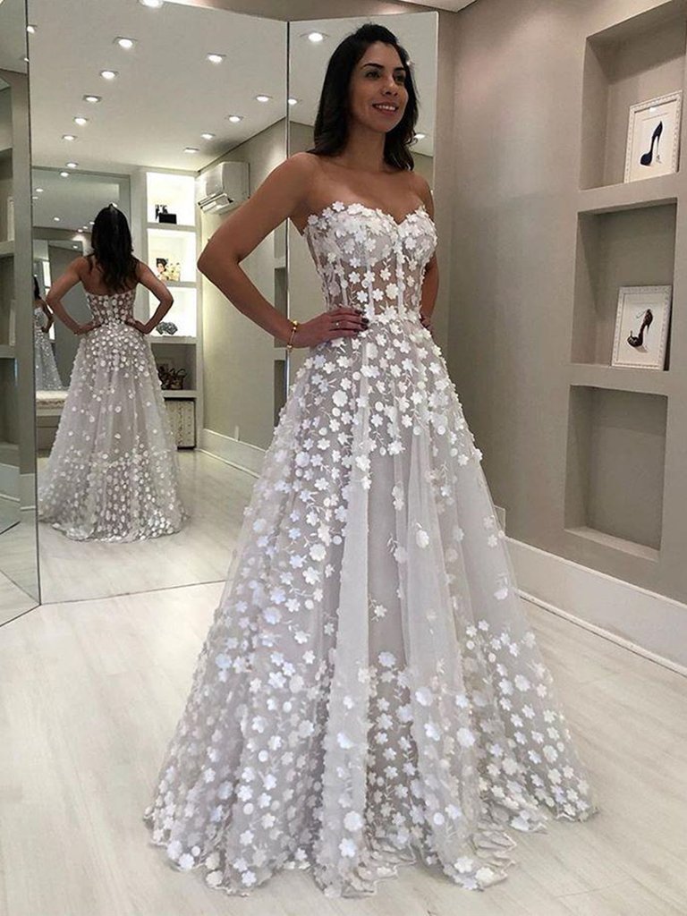 Charming Strapless Light Gray Long Prom Dresses with White Appliques, White Floral Light Gray Wedding Dresses, Formal Evening Dresses,DS0383