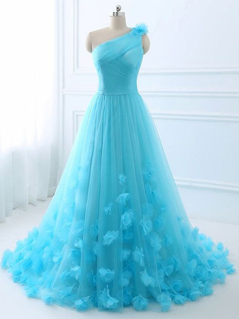 One Shoulder Blue Floral Long Prom Dresses, Blue Formal Evening Dresses with 3D Flowers, Blue Ball Gown,DS0382