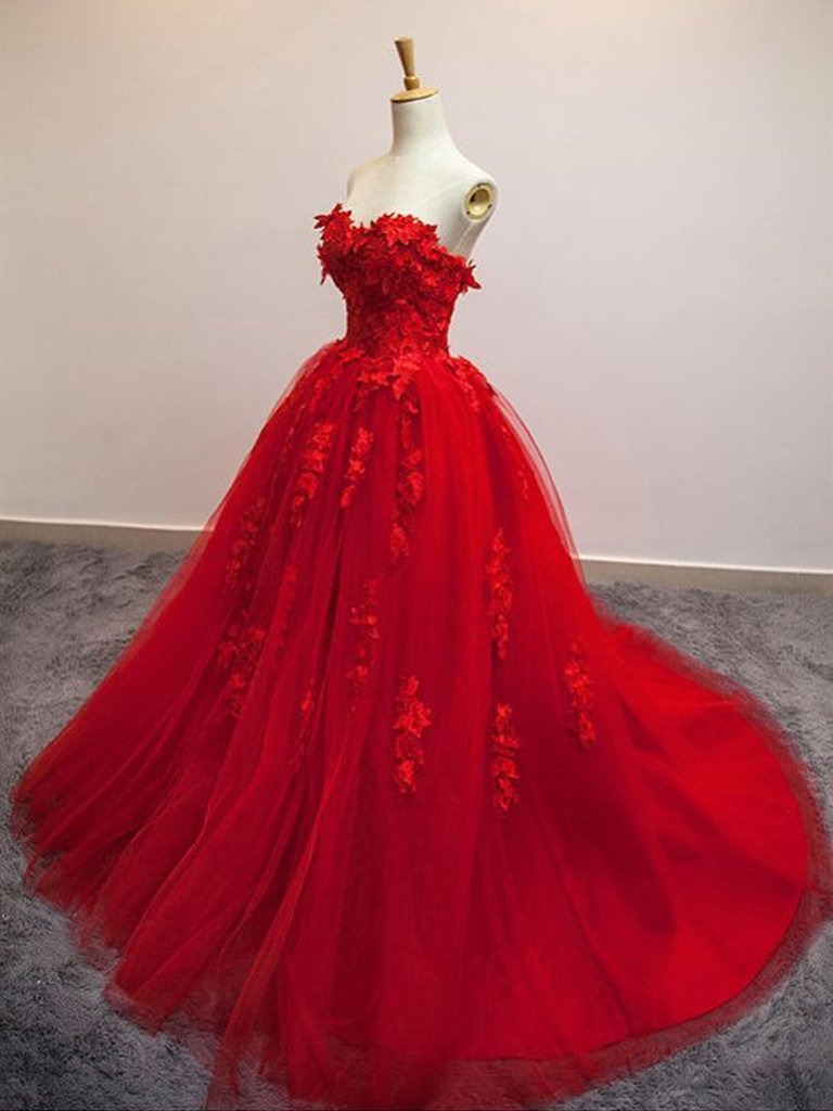 Sweetheart Neck Red Lace Appliques Long Prom Dresses, Red Lace Formal Dresses, Red Evening Dresses,DS0381