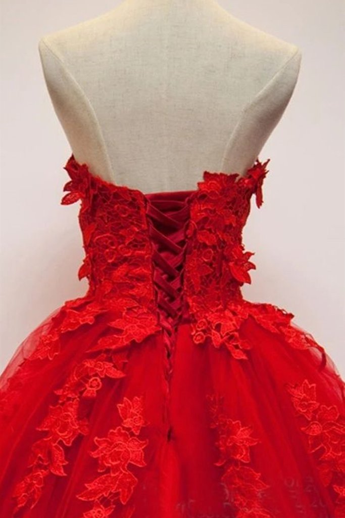 Sweetheart Neck Red Lace Appliques Long Prom Dresses, Red Lace Formal Dresses, Red Evening Dresses,DS0381