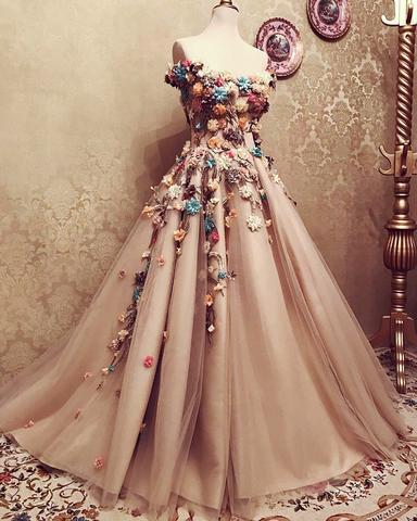 Charming Tulle Evening Dress 3D Flowers Embroidery Prom Gowns,DS0380