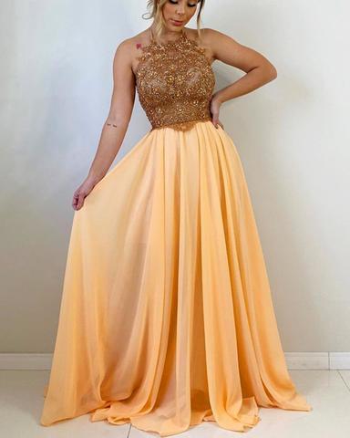 Long Chiffon Halter Prom Dresses Lace Beaded Open Back,DS0372