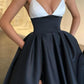 A Line V Neck Black White Prom Dresses, V Neck Black White Formal Evening Dresses,DS0371