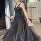 Black lace long A line prom dress evening dress,DS0366