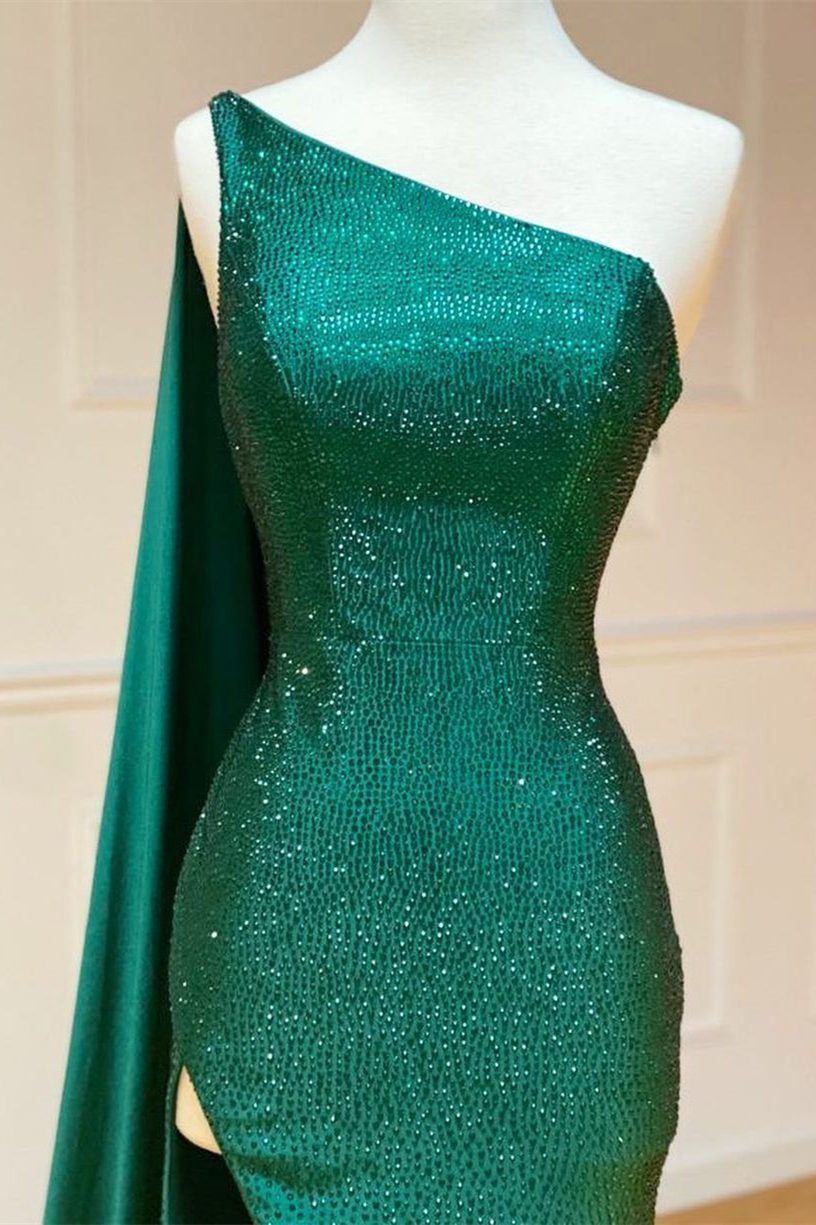 Elegant One Shoulder Emerald Green Long Prom Dress with Shawl,DS0365