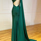 Elegant One Shoulder Emerald Green Long Prom Dress with Shawl,DS0365
