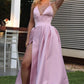 A Line V Neck Pink Satin Long Prom Dress with Slit, V Neck Pink Formal Dress, Pink Evening Dress,DS0363