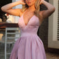 A Line V Neck Pink Satin Long Prom Dress with Slit, V Neck Pink Formal Dress, Pink Evening Dress,DS0363