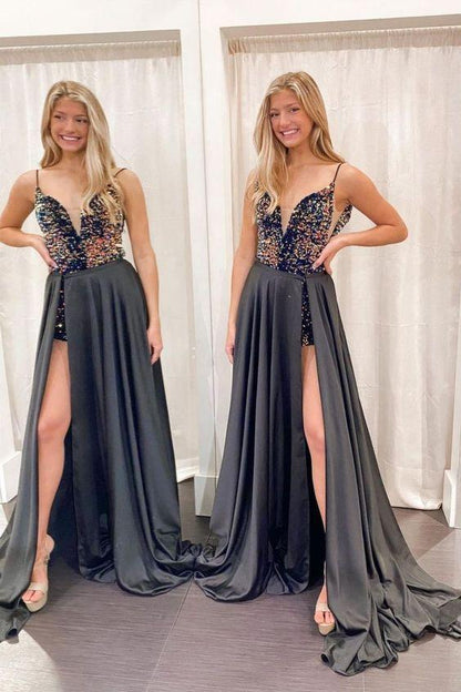 spaghetti straps navy blue sequins mini party dress with black detachable long skirt with slit for your prom 2022,DS0360