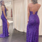 mermaid purple sequins long formal dress with slit Prom Dress,DS0359