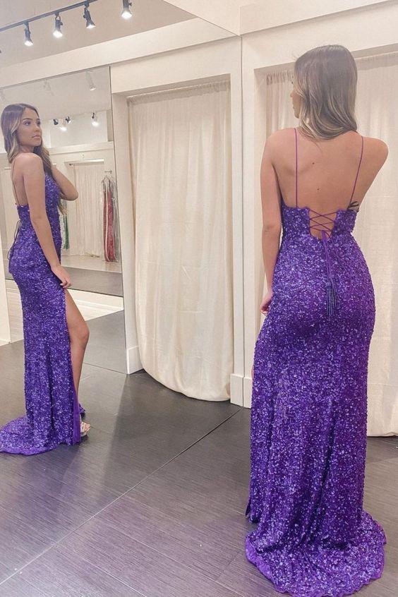 mermaid purple sequins long formal dress with slit Prom Dress,DS0359
