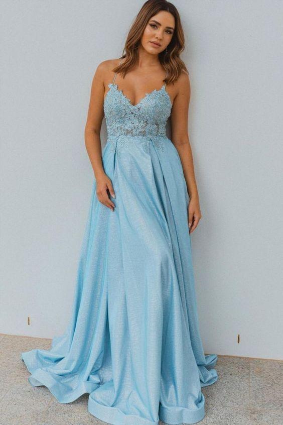 A-line light blue long formal dress with spaghetti straps Prom Dress,DS0358
